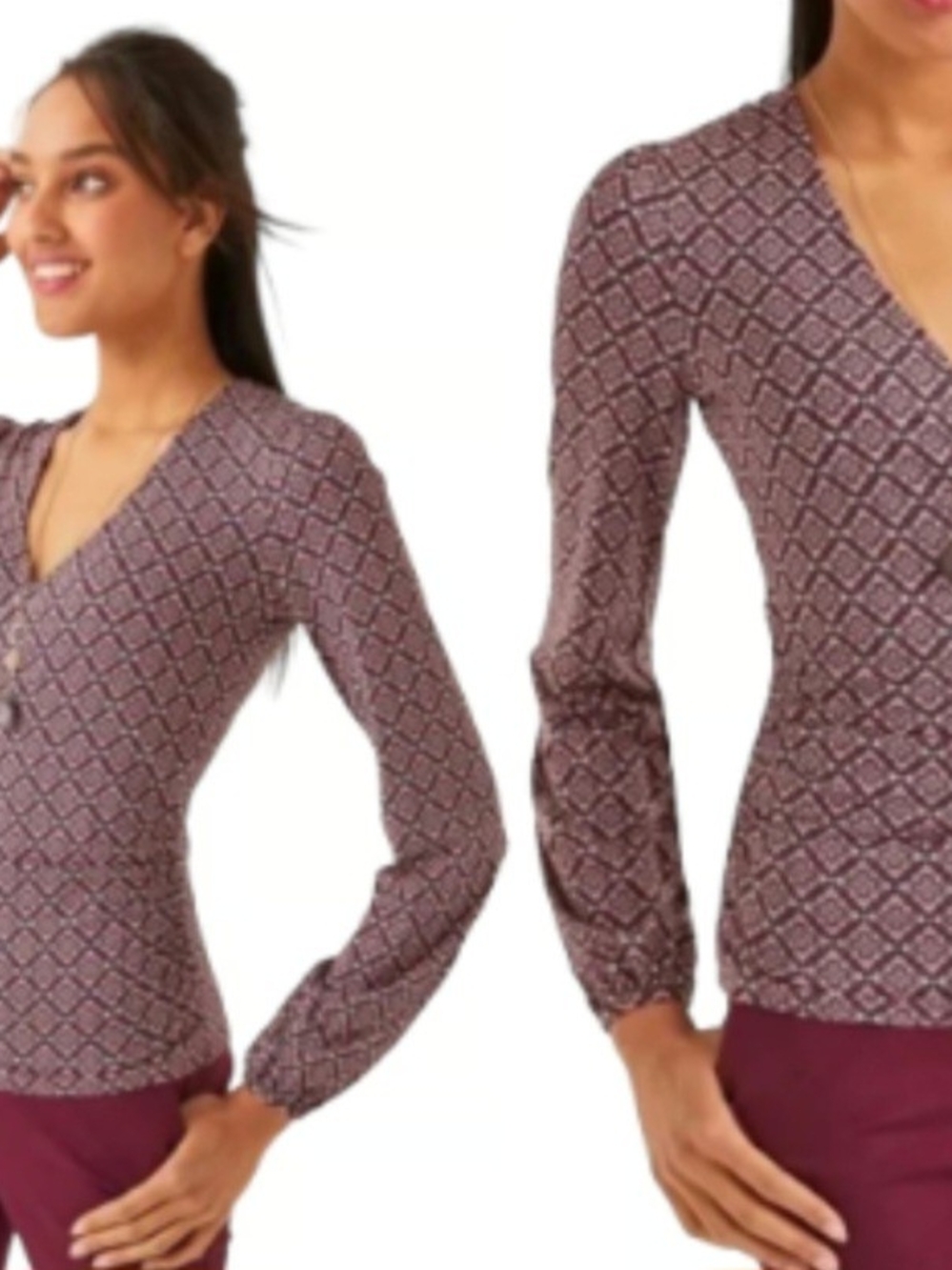Boden Elodie Faux Wrap  Geo-Print V-Neck Long-Sleeve Top Womens Size U.S. 4